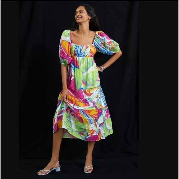 ANTHROPOLOGIE / FARM RIO Rainbow Leaves Open Back Midi Dress (M) - Picture 3 of 15